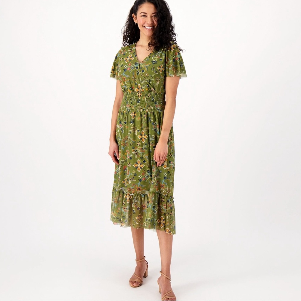 Canyon Retreat Women's Dress Sz XL Mesh V-Neck Flutter Sleeve Green